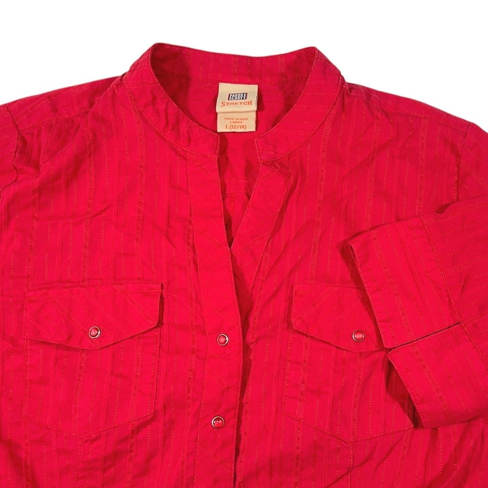 Faded Glory L 12/14 Red Button Up Top Split Neck Short Sleeve‎ Utility Career